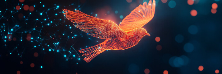 A glowing aerial sports icon featuring a glowing bird, representing online platforms studying flight dynamics and agility in wildlife.  