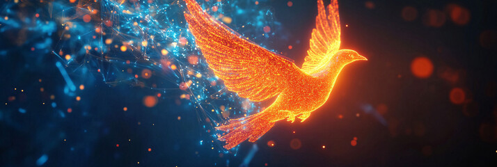 A glowing aerial sports icon featuring a glowing bird, representing online platforms studying flight dynamics and agility in wildlife.  