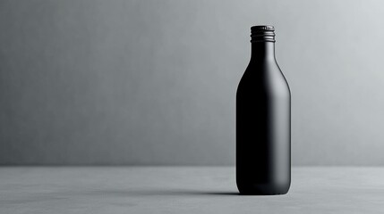 A striking black bottle rests on a smooth surface, illuminated by soft light that highlights its sleek contours and modern aesthetic, evoking a sense of elegance