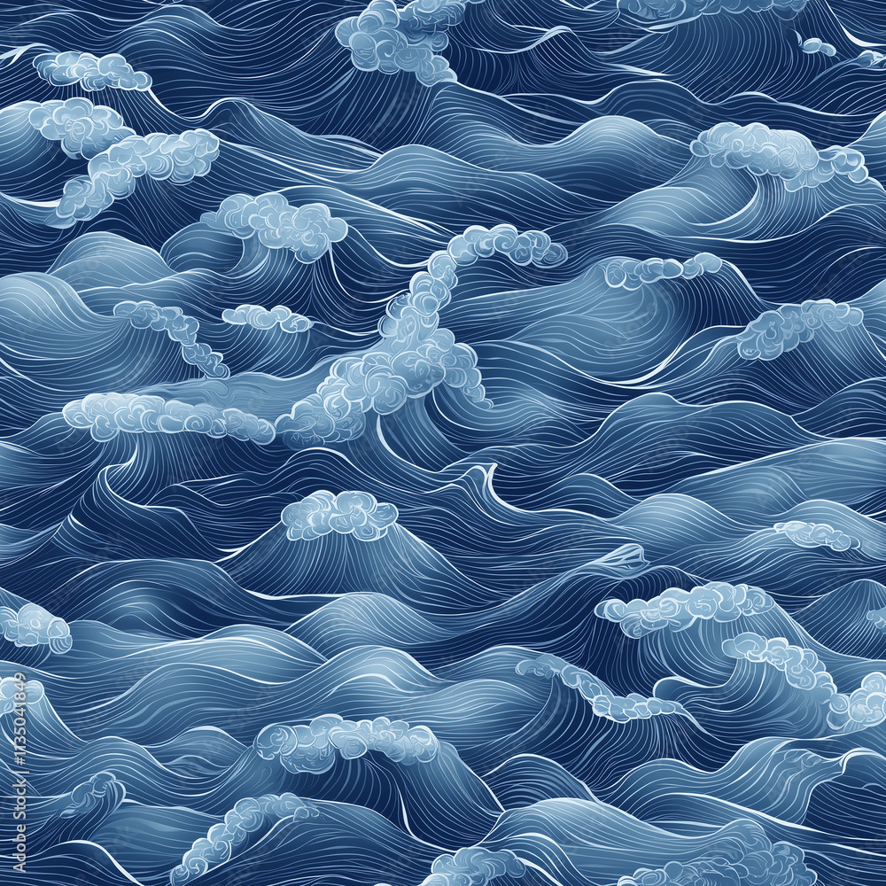 Poster dynamic seamless pattern of ocean waves nautical design abstract art deep blue environment aerial vi