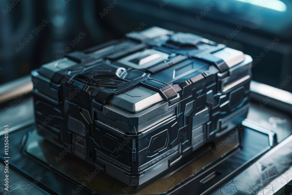 Poster this detailed storage box showcases sleek metallic surfaces and complex patterns, situated in a mode