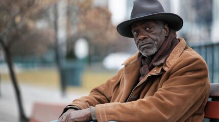 Elderly african american man in a hat sitting outdoors on a bench