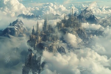 Fototapeta premium Majestic towers and structures rise from mist-covered mountains, creating a stunning contrast against the bright sky, evoking a sense of wonder and exploration.