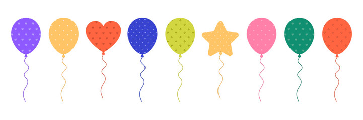 Set of colorful balloons with different patterns. Flying baloons for birthday, anniversary celebration. Decoration for banner, greeting card. Vector flat illustration isolated on white background © Alina