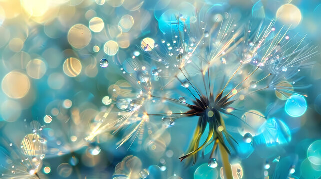 Dandelion Wishes: A close-up, dreamy image of a dandelion seed head, glistening with water droplets against a vibrant blue and gold bokeh background. The delicate details are accentuated.