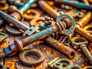 Macro Photography of Vintage Keys with Intricate Details Showcasing Rusted Metal, Unique Shapes, and Textures on a Soft, Neutral Background for Artistic Exploration