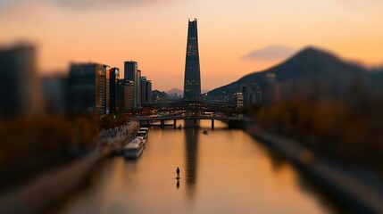 Fototapeta premium Cityscape sunset over river with skyscraper reflection.