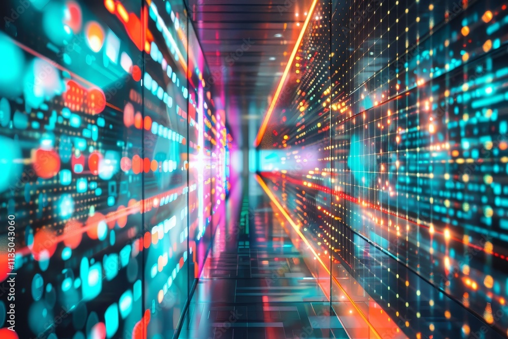 Poster the scene features a tunnel-like structure filled with vibrant colored lights and digital patterns, 