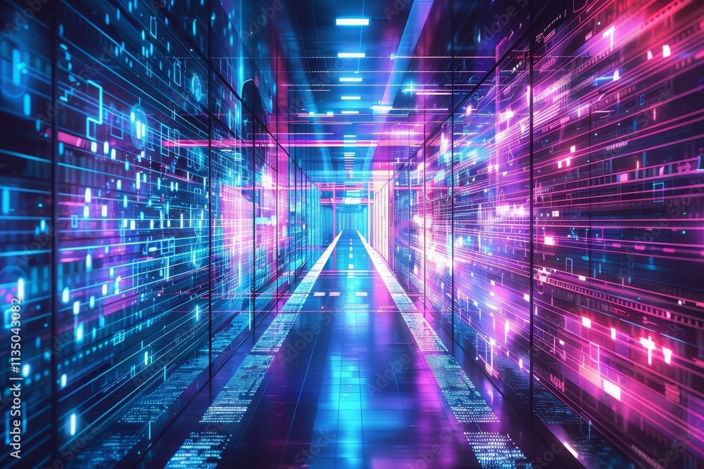 Poster bright blue and pink lights cascade along a sleek corridor in a high-tech data center, emphasizing a