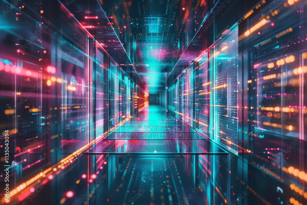 Poster a corridor filled with glowing neon lights creates a dynamic atmosphere, reflecting digital data mov