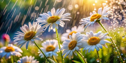 Macro Rain Water Drops on Daisies in Summer with Vibrant Colors and Nature's Beauty, Perfect for Illustrating Freshness and Renewal in Floral Photography