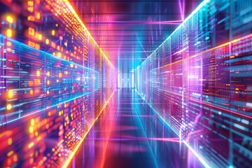 This visually striking corridor is filled with neon lights illustrating dynamic data movement, creating an immersive atmosphere that feels futuristic and technological.