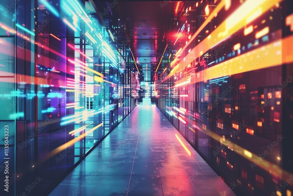 Poster inside a modern data center, a sleek hallway is illuminated with dynamic lights creating a futuristi