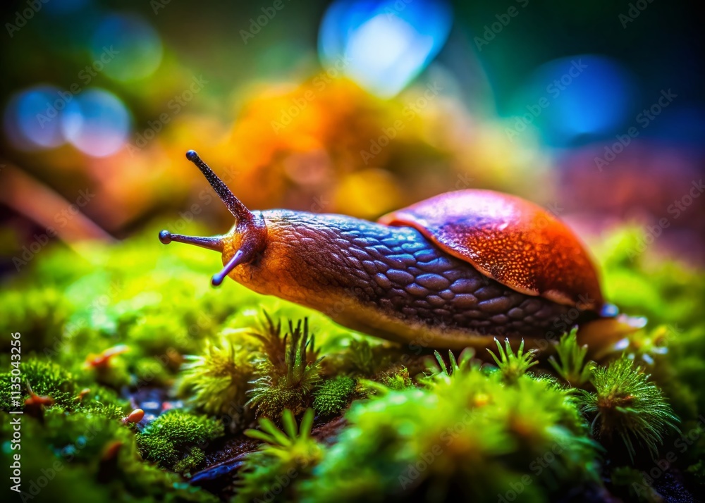 Poster macro tilt-shift photography of a slug snail crawling slowly without shell in stunning 60fps detail,