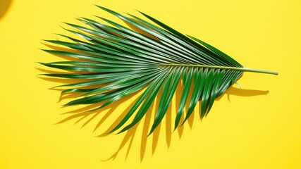 Fototapeta premium A single palm leaf with a long shadow casts a tropical feel against a bright yellow background.