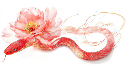 Obraz premium The Chinese New Year celebration is filled with red and gold decorations, and the snake is a significant symbol. Red Snake and Peony Illustration for Chinese New Year Celebration