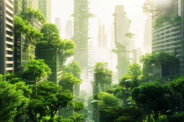 A vibrant urban environment showcases tall glass towers intertwined with abundant greenery. Sunlight filters through, creating a tranquil and harmonious atmosphere.