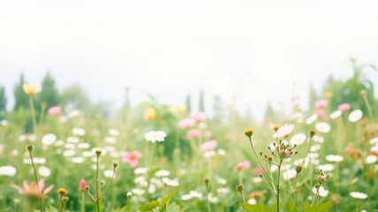 Fototapeta premium A field of wildflowers bathed in soft, diffused light, with delicate petals reaching towards the sky, creating a dreamy and peaceful atmosphere.