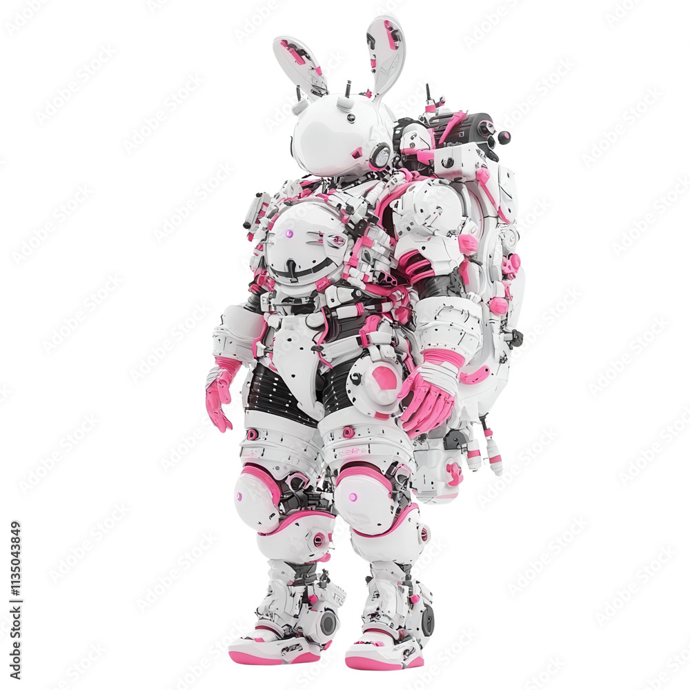Poster a futuristic humanoid figure resembling a rabbit, adorned with intricate robotic elements and a vibr