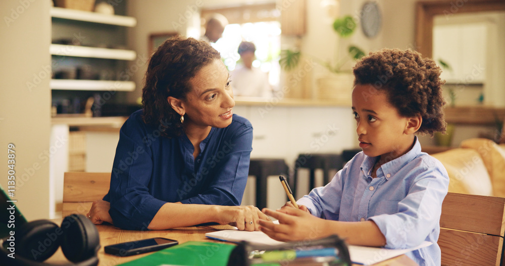 Poster education, mother and kid in home for learning, studying and advice for homework. woman, child think