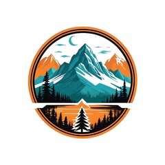 Majestic Mountain Vista: A captivating circular emblem showcasing a serene mountain landscape, complete with snow-capped peaks, tranquil waters, and a crescent moon. Ideal for adventure, nature.