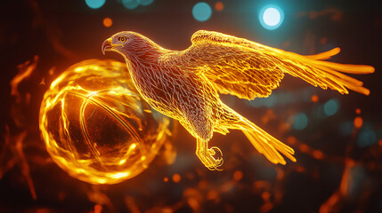 A glowing basketball icon featuring a hawk, symbolizing online sports analytics platforms for avian agility studies.  