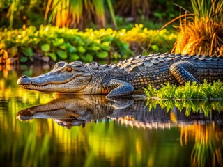 Fototapeta premium Majestic Alligator in the Swamp of Ibera, Corrientes, Argentina: A Breathtaking Encounter with Nature's Reptilian Predator Amidst Lush Vegetation and Serene Waters