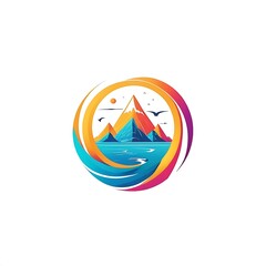 Mountain Landscape Logo: A vibrant, abstract logo with a mountainous scene, sun, birds and water. This eye-catching design embodies a sense of adventure, exploration and nature.  
