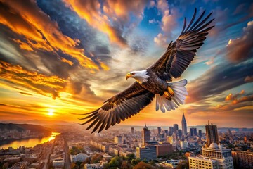 Obraz premium Majestic American Eagle Soaring Through a Watercolor Sky with Architectural Elements, Capturing Nature's Beauty and Urban Design in Stunning Detail