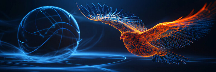 A glowing basketball icon featuring a hawk, symbolizing online sports analytics platforms for avian agility studies.  