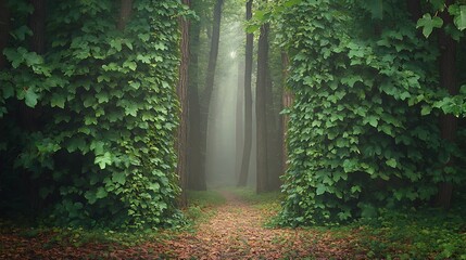 Misty Forest Path Through Green Leafy Trees