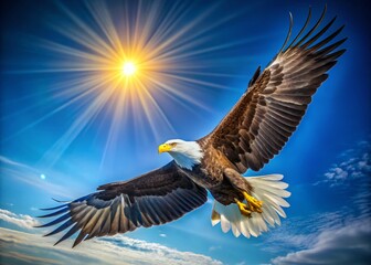 Obraz premium Majestic Bald Eagle Soaring Against a Clear Blue Sky, Showcasing Its Powerful Wings in a Stunning Display of Freedom and Strength