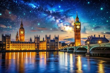 Naklejka premium Majestic Big Ben Illuminated at Night: A Stunning View of London's Iconic Clock Tower Against a Starry Sky with Reflections on the Thames River