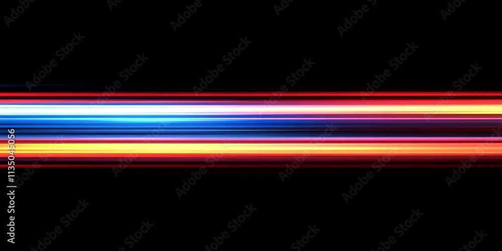 Poster blue, red and yellow light streaks on a black background with glowing horizontal lines in a high spe