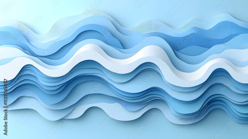 Poster a serene abstract composition featuring layered waves in various shades of blue and white, creating 