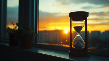 Hourglass on windowsill during sunset concept of time passing