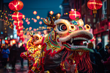 Fototapeta premium Man in a red dragon costume stands in front of a crowd of people.