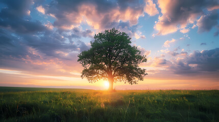 Solitary Majesty: A lone tree stands tall in a field, bathed in the golden light of a breathtaking sunset, symbolizing strength, resilience, and the beauty of nature's embrace.