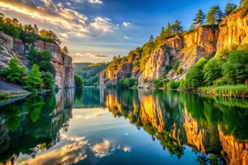 Fototapeta premium Majestic Canyon Cliffs Reflected in Serene Lake Waters at Sunrise, Capturing the Beauty of Nature's Grandeur with Dramatic Lighting and Vibrant Colors