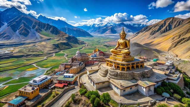 Majestic Buddha Statue Overlooking Langza Village in Spiti Valley, India - Aerial Drone Photography Capturing Serenity and Spirituality in the Himalayan Landscape