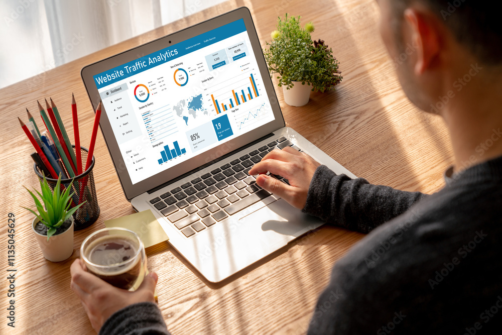 Poster computer software for website traffic analytics data on computer screen. concept of seo search engin