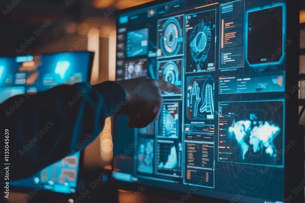 Poster an individual engages with intricate digital graphs and maps displayed on a sleek monitor in a moder