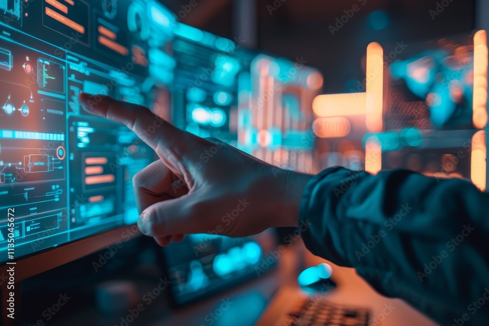 Poster in a modern control room, an individual engages with advanced digital displays, manipulating interac