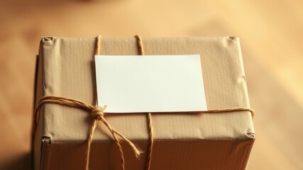 A simple brown package tied with twine and adorned with a blank white tag, ready for a personalized message