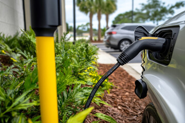 Close-up of an electric car charging at a station in Florida. 