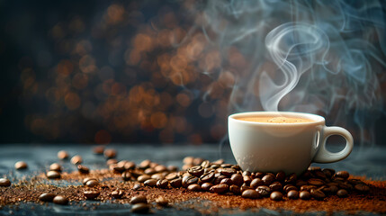 Coffee Steam: A white porcelain cup of steaming coffee rests on a dark rustic surface surrounded by coffee beans, creating a warm and inviting aroma. The steam swirls and dances upwards.