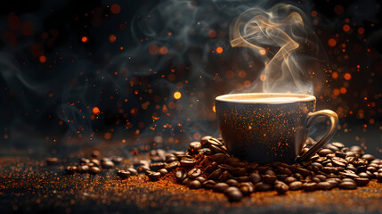 Coffee Aroma: A steaming cup of coffee sits nestled amongst dark roasted beans, the rich aroma rising in a plume of fragrant steam against a dark, bokeh background.  