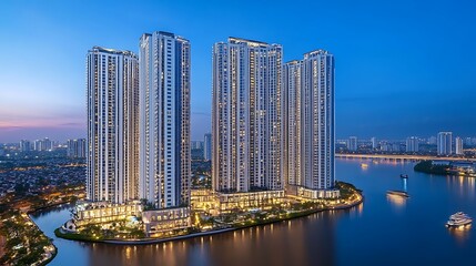 Obraz premium Modern Skyscrapers on an Island with a River and Boats at Twilight