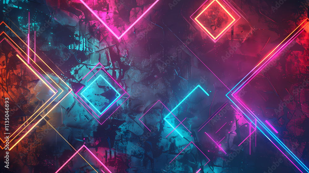 Poster neon geometry abstract: vivid neon lights form geometric shapes on a dark textured background, creat