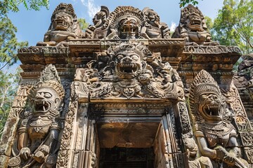 Obraz premium Elaborate sculptures of mythical figures and guardians grace the entrance to a historic temple, nestled among vibrant foliage, under bright blue skies.